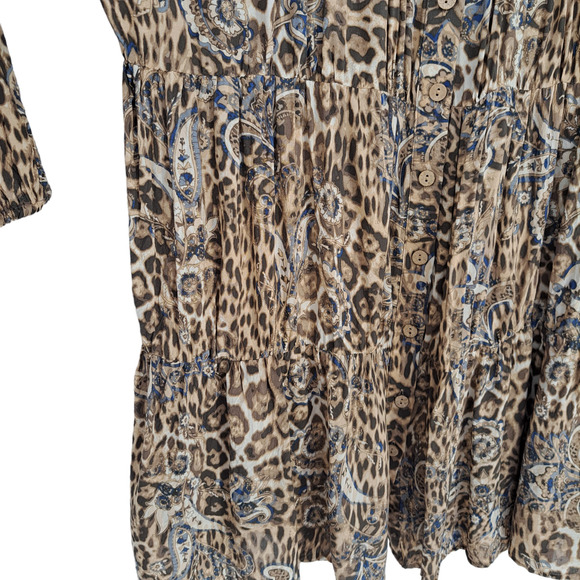 Olivaceous Long Sleeve Mini Dress Tunic Cheetah Print Floral Brown Womens Size S - Picture 3 of 7